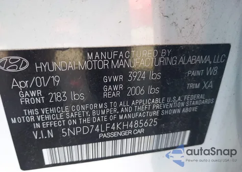 2019 Hyundai Elantra Se z USA, uszkodzony, nr VIN 5NPD74LF4KH485625